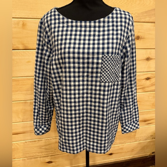 J.Jill Cotton Gingham Check Print Boxy Back Button Detail Blouse Blue White LP - Picture 1 of 8